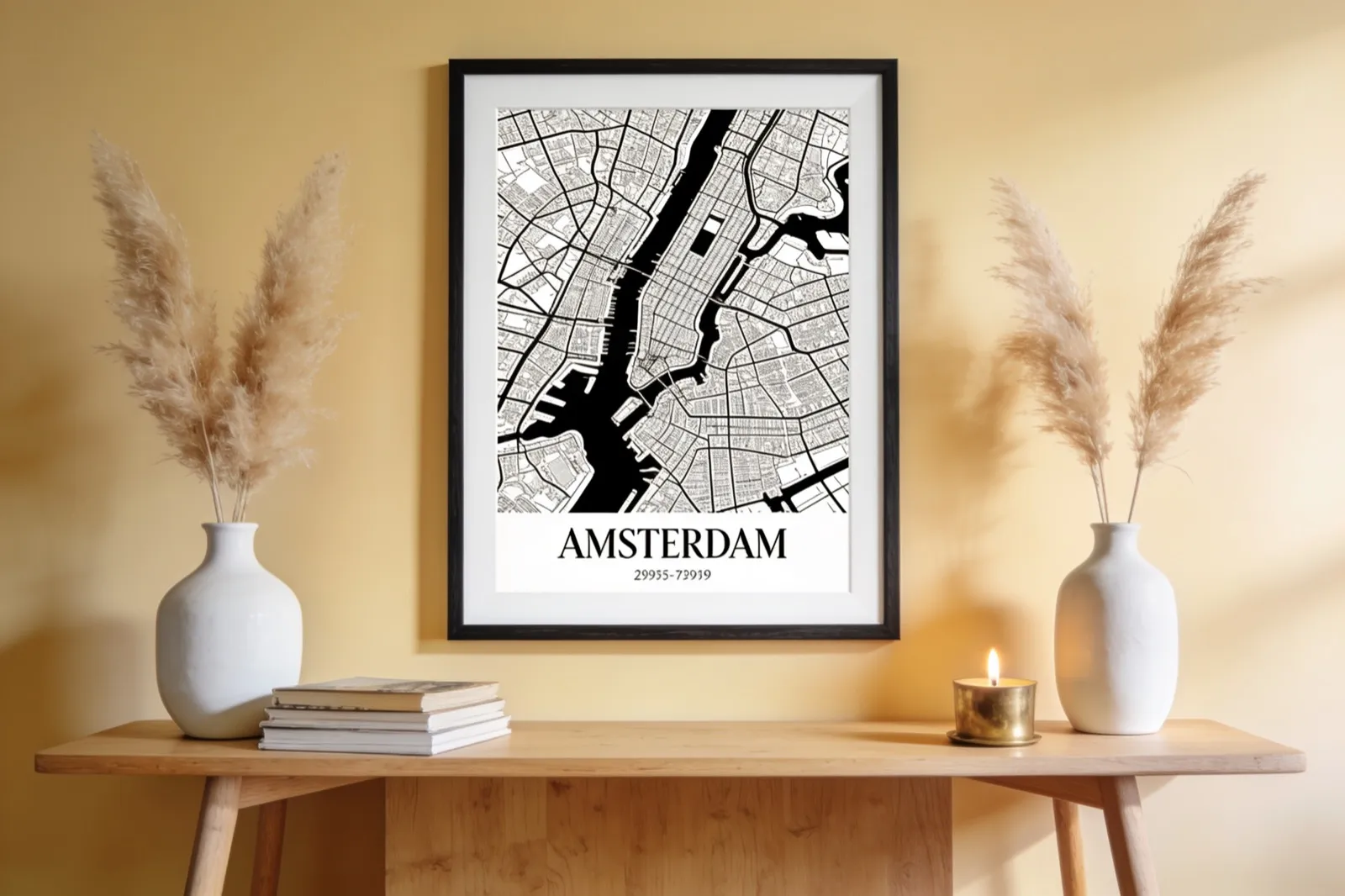 Stadskaartposter van Amsterdam in een warm interieur